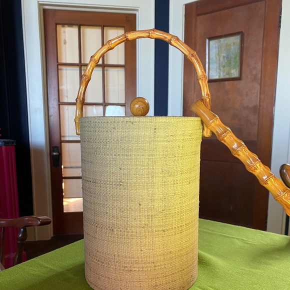 MCM Grasscloth Ice Bucket with lid and tongs
